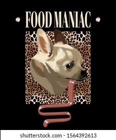 Food maniac. Vector hand drawn illustration of  chihuahua with long tongue isolated. Creative  artwork with pearls. Template for card, poster, banner, print for t-shirt, pin, badge, patch.
