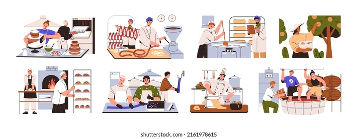 Food manufacture, production industry processes. Workers making handmade pasta, wine, bakery products, cooking sausages, cheese with machines. Flat vector illustrations isolated on white background