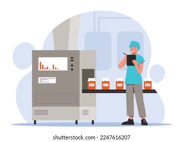 Food manufacturing concept. Woman stands near conveyor with cans of red liquid, marmalade and notes quality control. Business and automation of production of goods. Cartoon flat vector illustration