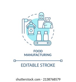 Food Manufacturing Turquoise Concept Icon. Production, Processing. Business Subsector Abstract Idea Thin Line Illustration. Isolated Outline Drawing. Editable Stroke. Arial, Myriad Pro-Bold Fonts Used