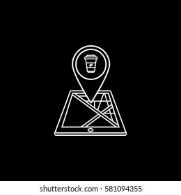 Food map pointer line icon, mobile gps navigation and location, pin on tablet vector graphics, a linear pattern on a black background, eps 10.