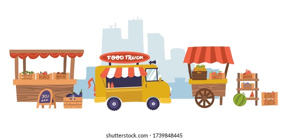 Food Market Cafeteria or Eatery Wooden Stalls and Dining Tables on Urban Park Backdrop. Urban Landscape with Agricultural Fair Commercial Booths with Ready Meals. Flat Vector Illustration