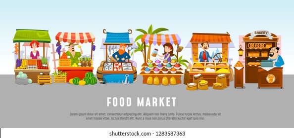 Food market cartoon banner concept. Local business vector illustration