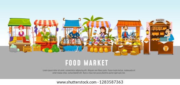 Food market cartoon banner concept. Local
business vector
illustration