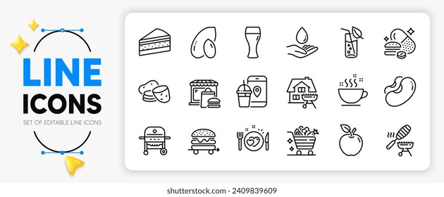 Food market, Food delivery and Apple line icons set for app include Home grill, Beer glass, Potato outline thin icon. Peanut, Gas grill, Overeating pills pictogram icon. Vegetables cart. Vector