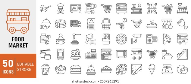 Conjunto de colección de ícono del mercado de alimentos. Contiene carrito, cesta, tienda de comestibles, supermercado, consumidor, alimentos, verduras, icono de comida. Vector de línea simple.