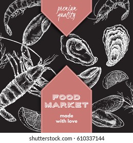 Food market label template with hand drawn sketch of lobster, oyster and mytilus. Great for store and packaging design.