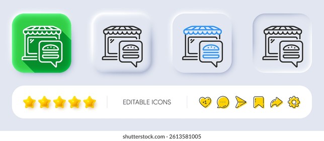 Food market line icon. Neumorphic, Flat shadow, 3d buttons. Fast food restaurant sign. Retail marketplace symbol. Line food market icon. Social media icons. Vector