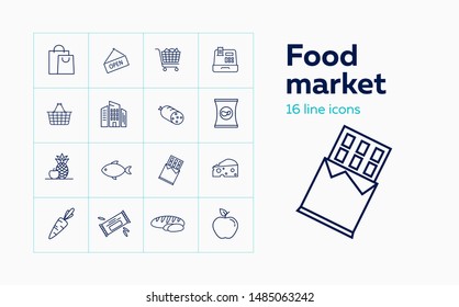 Food market line icon set. Set of line icons on white background. Product store concept. Fish, bread, shopping cart. Vector illustration can be used for topics like shopping, grocery, supermarket