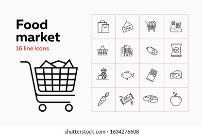 Food Market Line Icon Set. Set Of Line Icons On White Background. Product Store Concept. Fish, Bread, Shopping Cart. Vector Illustration Can Be Used For Topics Like Shopping, Grocery, Supermarket