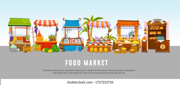 Food market local shops banner template flat style vector illustration. Stalls with products, seafood and bakery, fruits and vegetables, spices and grain. Shopping meal