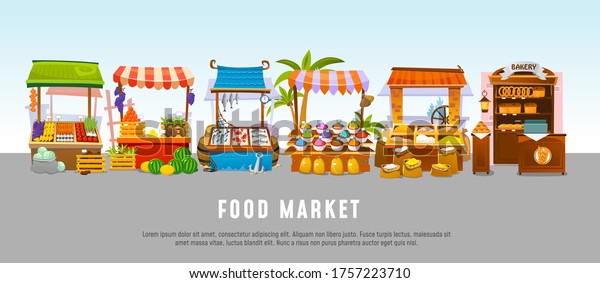 Food market local shops\
banner template flat style vector illustration. Stalls with\
products, seafood and bakery, fruits and vegetables, spices and\
grain. Shopping meal