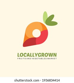 Food market logo. Locally grown fruits and vegetables, creative symbol idea with pin sign vegan mark and orange carrot. Artistic vector icon.