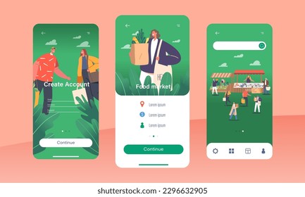 Food Market Mobile App Page Onboard Screen Template. Male and Female Characters Buy Fresh Healthy Foods