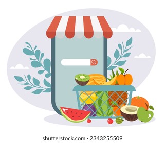 Food market online farm business mobile app abstract concept. Vector flat graphic design illustration
