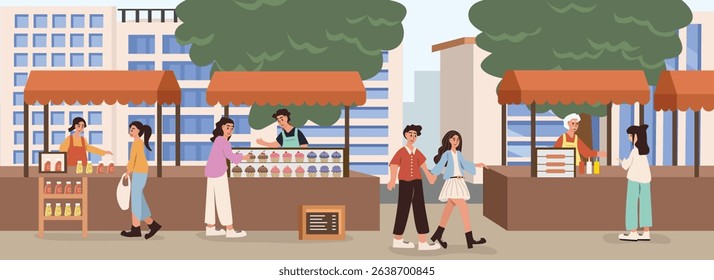 Food market. People at street market. Food booth. Food fair with cityscape scene. Urban lifestyle. Local market.