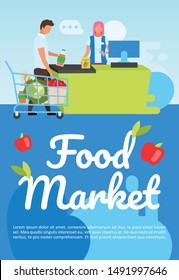 Food market poster vector template. Grocery store shopping. Brochure, cover, booklet page concept design with flat illustrations. Supermarket purchases. Advertising flyer, leaflet, banner layout idea