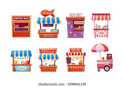 Food market. Set of street tent, car, truck, van selling fruits, bread, pizza, dairy product, candy, cheese, ice cream, coffee bar, fresh fish, hot dog, bbq. Outdoor trade fast food cartoon vector