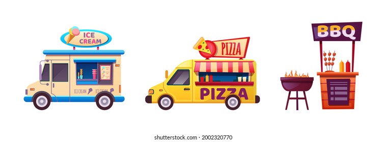 Food market. Set of street tent, car, truck, van selling fruits, bread, pizza, cheese, ice cream, , hot dog, bbq. Outdoor trade fast food cartoon vector