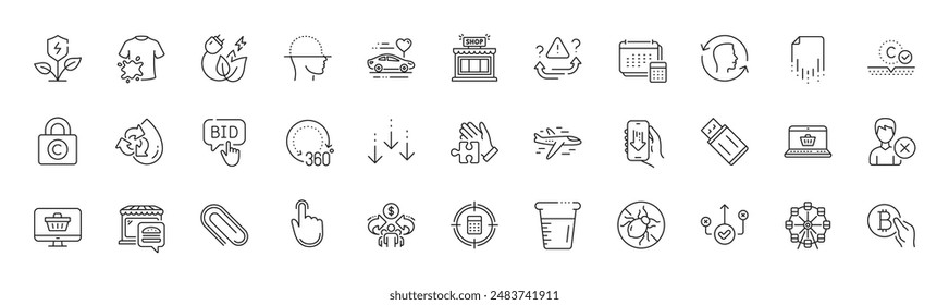 Food market, Shop and Collagen skin line icons. Pack of Hand click, Online shopping, Face scanning icon. Attention, Account, Remove account pictogram. Cooking beaker, Bitcoin pay. Line icons. Vector