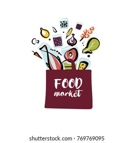 Food market. Silhouette open package with meal. Sketch vector template logo isolated on white background. Concept image for store, marketplace, shop with eco farm product.