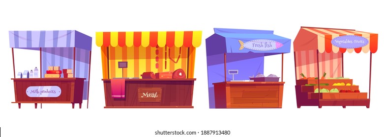 Food market stalls with fruits, vegetables, milk, meat and fish on counter and in crates. Vector cartoon set of grocery wooden kiosks with canopy, traditional marketplace tents with farm products
