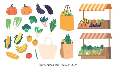 Food Market Stalls Are Overflowing With Fresh Fruits And Vegetables. Outdoor Vendor Setting Showcasing Diversity Of Healthy Eating, Local Cuisine, Sustainable Agriculture. Cartoon Vector Illustration