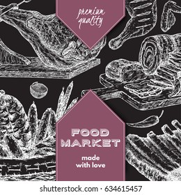 Food market template with meat delicasies based on hand drawn sketches of cold meats, sausages, grilled chicken and ribs, jamon. Great for market, restaurant, grill cafe, food label design.