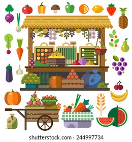 Food market. Vector flat vegetables and fruits. Carrot, pumpkin, onion, tomato, pepper, pineapple, cherry, banana, grapes, apple, pear. Vector flat illustrations and icon set