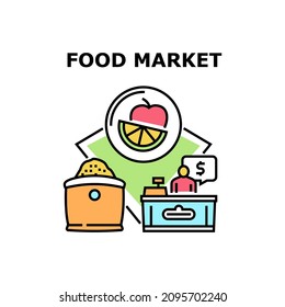Food Market Vector Icon Concept. Vitamin Apple And Orange Citrus, Cereal And Sugar Sale Grocery Food Market. Seller Working In Shop Supermarket And Selling Nutrition Color Illustration