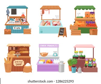 Food market vector salesman seller character selling in bookshop butcher or baker in stall illustration set of people sale vegetables in grocery or fishmongers isolated on white background