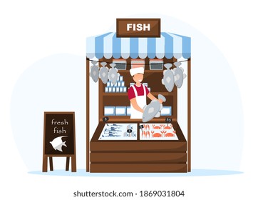 Food market worker in fish tent. Concept of selling fresh healthy food from farm on the market. Flat cartoon vector illustration