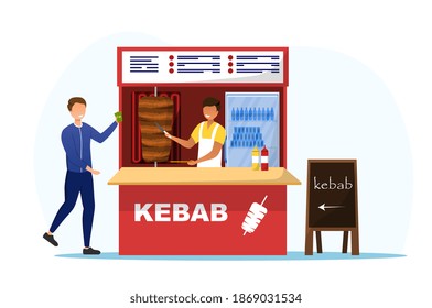 Food market worker in kebab tent. Concept of selling fresh healthy food from farm on the market. Customer is about to buy meat. Flat cartoon vector illustration