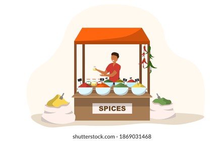 Food Market Worker In Spices Tent. Concept Of Selling Fresh Healthy Food On The Market. Bags Full Of Spices All Over Stall. Flat Cartoon Vector Illustration