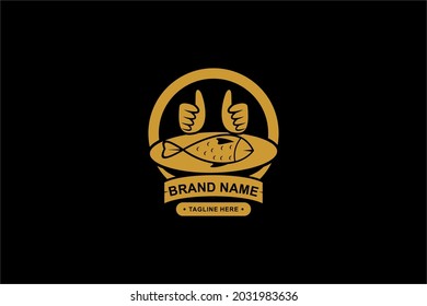 Food mascot logo design vector. Restaurant logo design. Smile man with the fried fish on the plate and thumb up illustration.