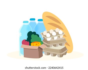 Food and Meal composition.Living wage Products.Volunteering donation,Products,food to Food Donation Center.Charity,support concept.Humanitarian charitable help.Vector illustrations on white background