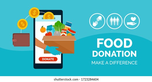 Food and meal donation app on a smartphone, volunteering and charity concept