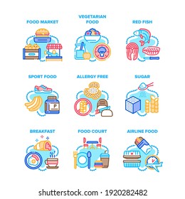 Food Meal Eating Set Icons Vector Illustrations. Food Market And Court, Vegetarian Nutrition And Red Fish, Airline Nourishment And Breakfast, Sport Energy Nutrient And Allergy Free Color Illustrations