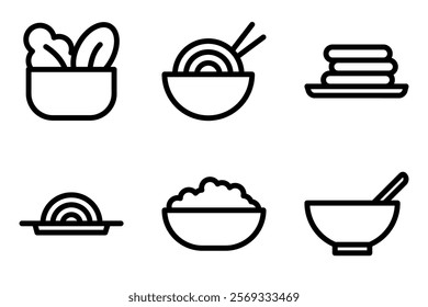 food and meal icon set. salad bowl, noodle bowl, pancake stack, pasta, rice bowl and soup bowl icons