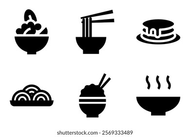 food and meal icon set. salad bowl, noodle bowl, pancake stack, pasta, rice bowl and soup bowl icons