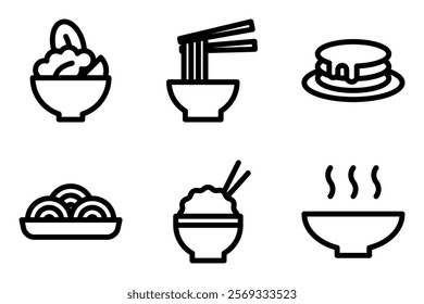 food and meal icon set. salad bowl, noodle bowl, pancake stack, pasta, rice bowl and soup bowl icons