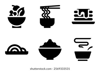 food and meal icon set. salad bowl, noodle bowl, pancake stack, pasta, rice bowl and soup bowl icons