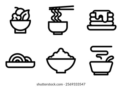 food and meal icon set. salad bowl, noodle bowl, pancake stack, pasta, rice bowl and soup bowl icons