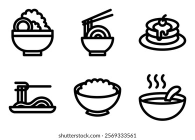 food and meal icon set. salad bowl, noodle bowl, pancake stack, pasta, rice bowl and soup bowl icons