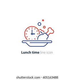 Food Meal Order, Full Plate, Lunch Time Concept, Serve Dinner Dish, Vector Line Icon