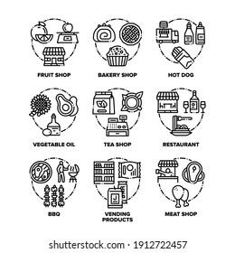 Food And Meal Set Icons Vector Black Illustrations. Fruit And Bakery, Tea And Meat Shop, Hot Dog Street Food And Restaurant Dish, Vegetable Oil And Vending Products Black Illustrations