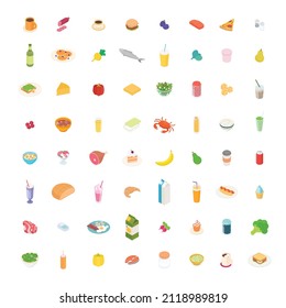 Food, meal, vegetable, fruit, meat, drink, cooking set. Isometric vector illustration in flat design. 