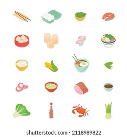 Food, meal, vegetable, fruit, meat, drink, cooking set. Isometric vector illustration in flat design. 