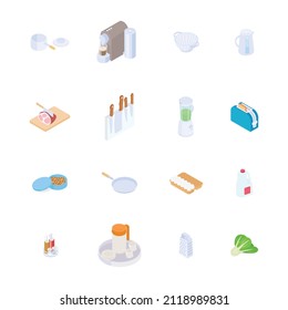 Food, meal, vegetable, fruit, meat, drink, cooking set. Isometric vector illustration in flat design. 