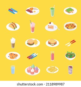 Food, meal, vegetable, fruit, meat, drink, cooking set. Isometric vector illustration in flat design. 